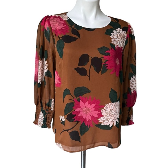 Ann Taylor Factory Sheer Brown Floral Overlay Balloon Sleeve Blouse, Sz M - Picture 2 of 13